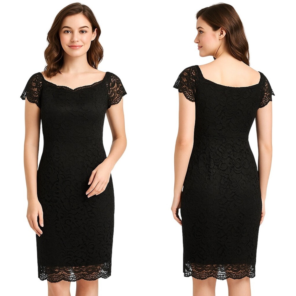 Worthington Womens Sheath Dress‎ Black Floral Lace Midi Cap Sleeve Lined LBD 6